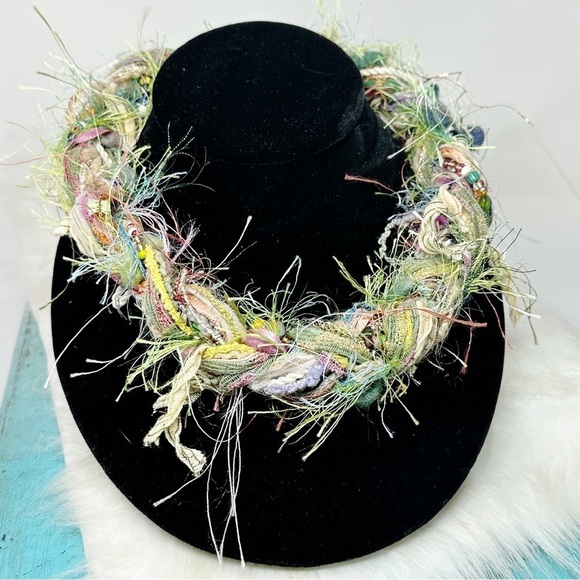 Green Pink Woven Fiber Beaded Necklace Textile Fiber Art Seed Beads Statement - Picture 8 of 12